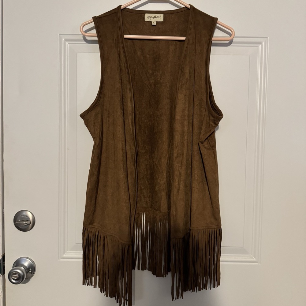 Kaun Sandler Faux Suede Brown Vest with Fringe Size Small Retro Hippie Women's